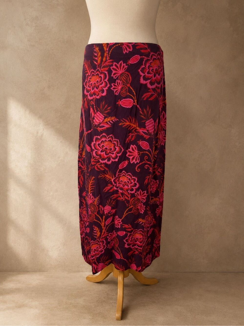 Farm Rio Sz M Anthropologie satin-slip midi skirt Floral Burgundy Pink Orange A-